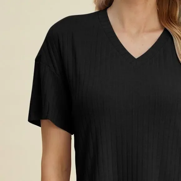 BASIC BAE Plus Black Ribbed V-Neck Short Sleeve Top Shorts Set NEW - Picture 4 of 6